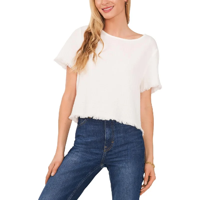 Womens Cotton Frayed Hem Blouse Gathered Detail Blouse