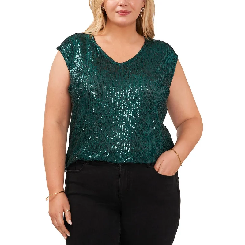 Plus Womens Sequined Sleeveless Blouse Soft Satin Blouse