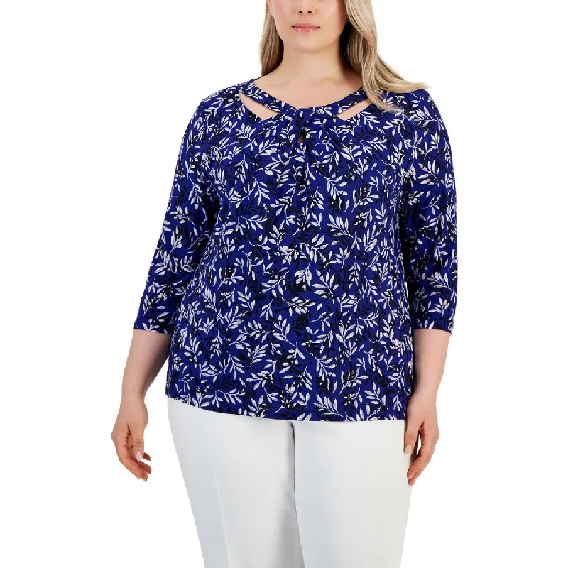 Plus Womens Cutout Printed Blouse Elegant Peplum Blouse
