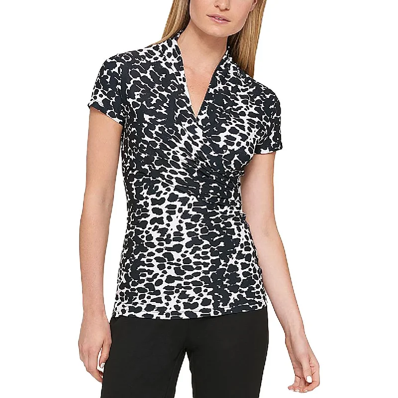 Womens Gathered Short Sleeve Blouse Ruched Sleeve Blouse