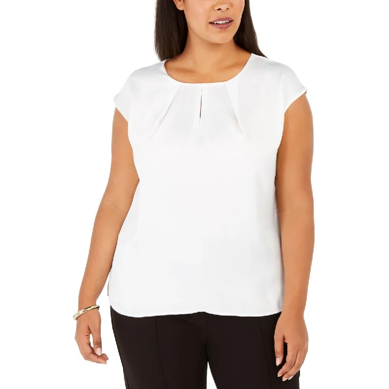 Plus Womens Cap Sleeve Keyhole Blouse Semi-Sheer Blouse