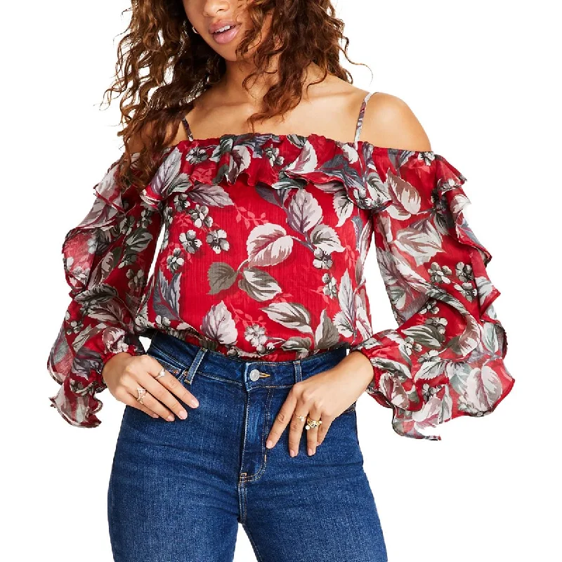Iggy Womens Floral Off-The-Shoulder Blouse Sheer Sleeve Blouse