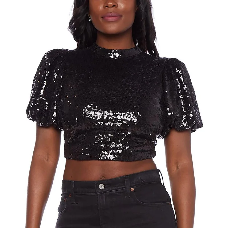 Juniors Womens Sequin Open Back Blouse Vintage Lace Blouse