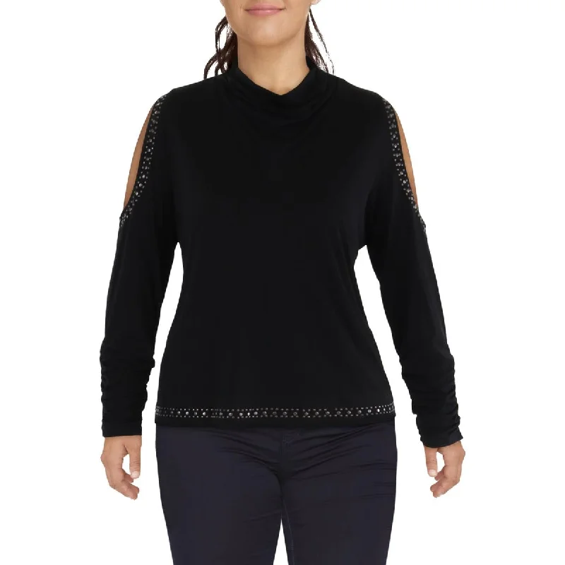 Plus Womens Cowl Neck Studded Blouse Feminine Tie Blouse