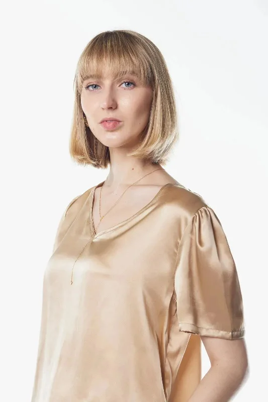 Champagne V-Neck Blouse Oversized Silk Blouse