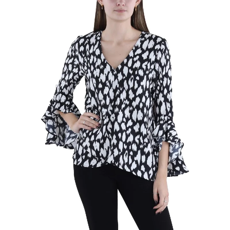 Womens Printed V-Neck Blouse Feminine Ruffle Blouse