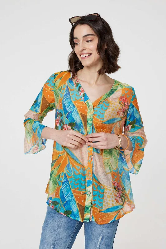 Leaf Print Button Front Blouse Floral Print Blouse