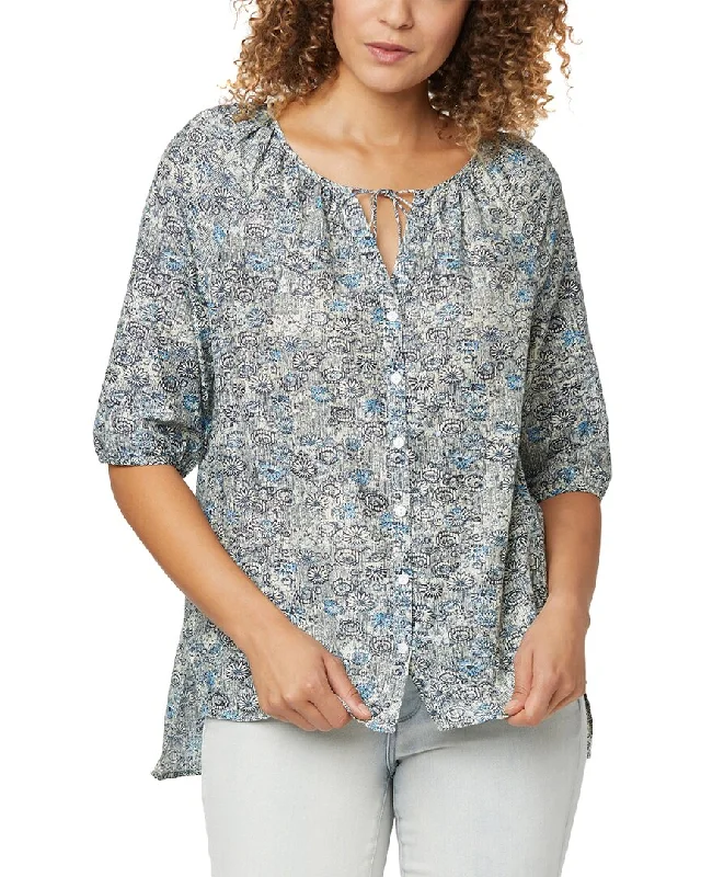 Nydj Button Down Silk-Blend Peasant Blouse Satin Long Blouse
