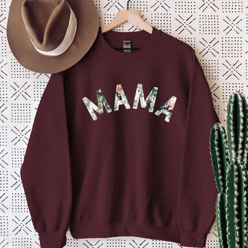 Mama Floral Print Sweatshirt Hoodie with Color Block Contrast Stylish