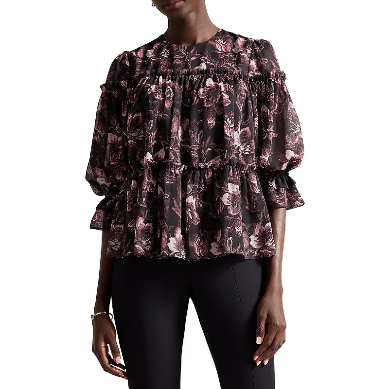 Womens Floral Print Puff Sleeve Blouse Sheer Mesh Blouse