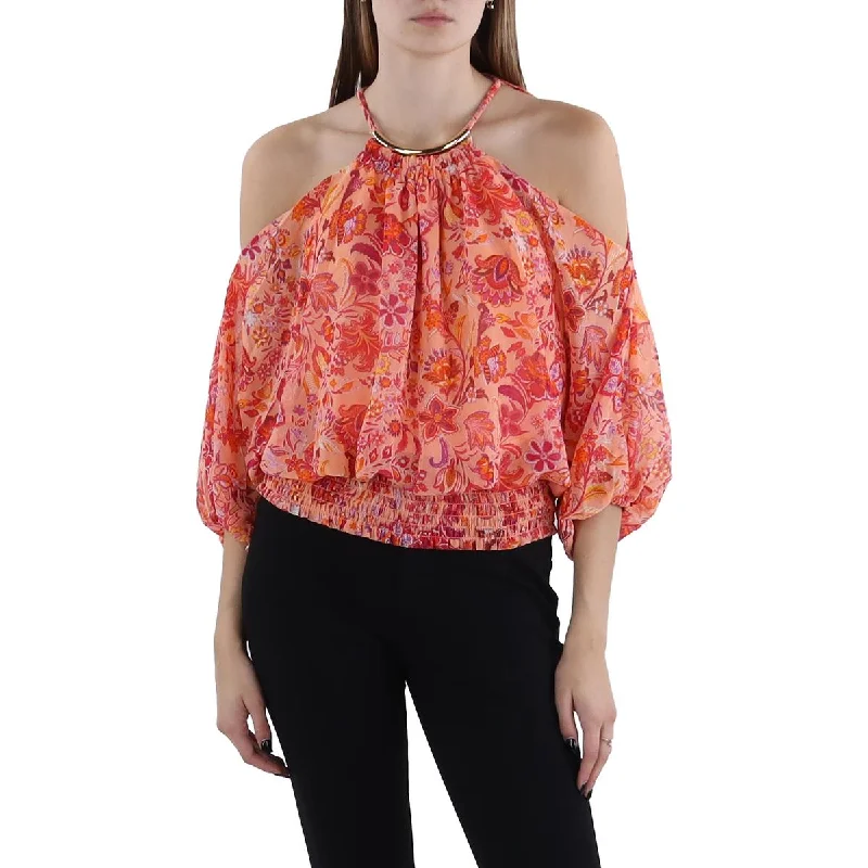 Womens Paisley Puff Sleeves Blouse High Neck Blouse