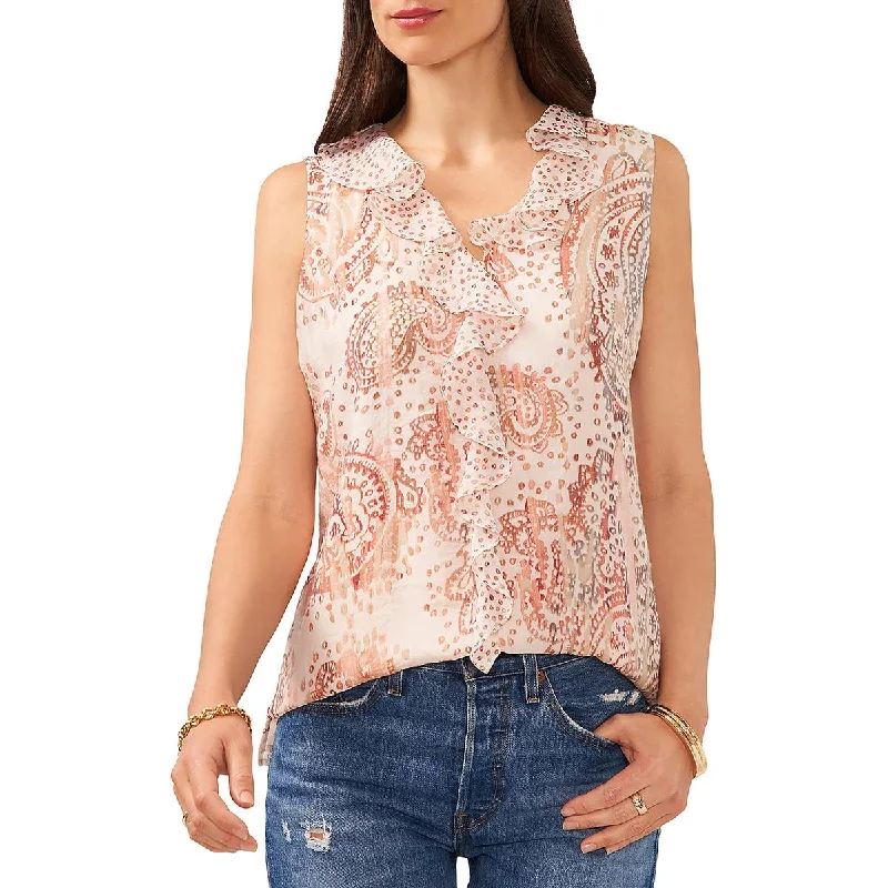 Womens Ruffle Neck Sleeveless Blouse Office Formal Blouse