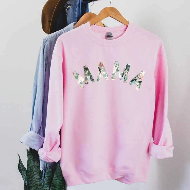 Mama Floral Print Sweatshirt Hoodie with Side Slits Relaxed Casual