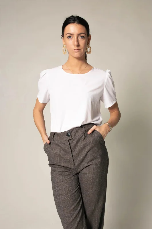 Elegant Round Neck Blouse in White Classic Minimalist Blouse