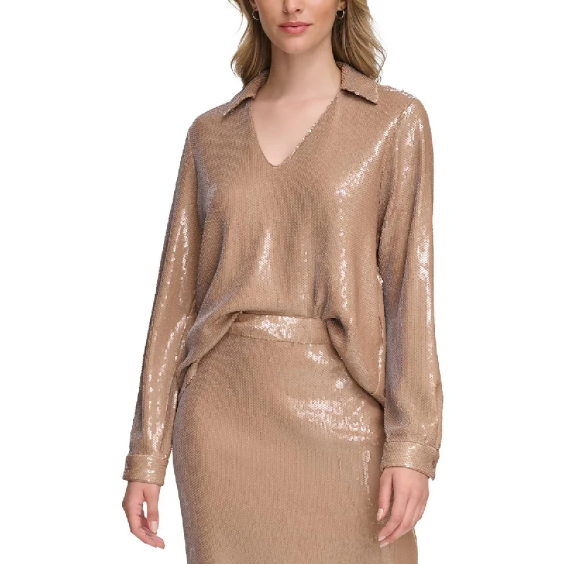 Womens Sequined Collared Blouse Soft Modal Blouse