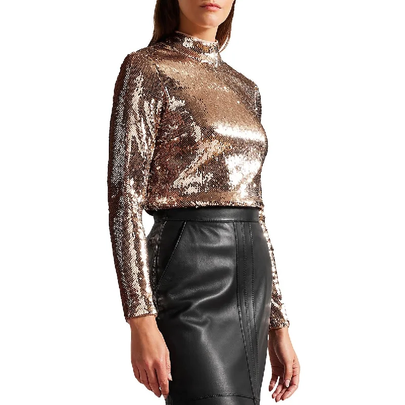 Womens Sequined Mock Neck Blouse Chic Square Blouse