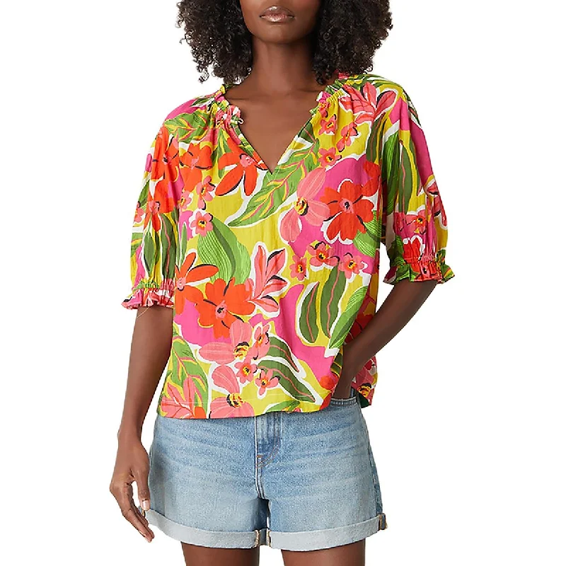 Womens Split Neck Floral Print Blouse Feminine Pastel Blouse