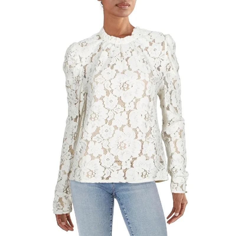 Womens Lace Floral Blouse Puff Sleeve Blouse