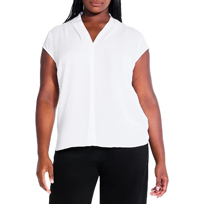 Plus Womens Cap Sleeve V-Neck Blouse Lightweight Linen Blouse