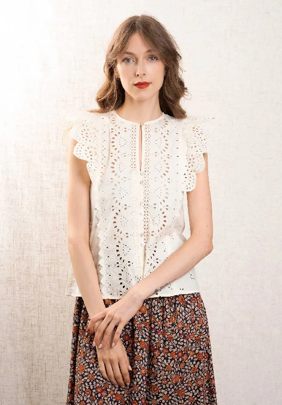 Blouse Lainey Emb Aw24-035 Cream Sleeveless Summer Blouse