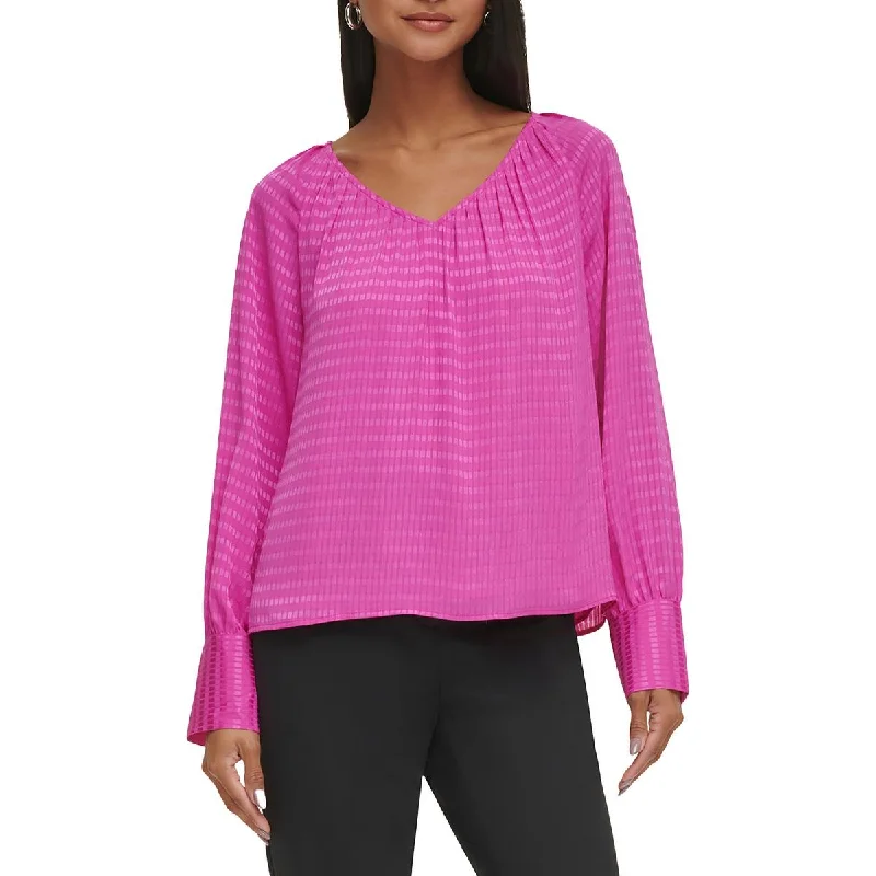 Womens V-Neck Textured Blouse Feminine Tie Blouse