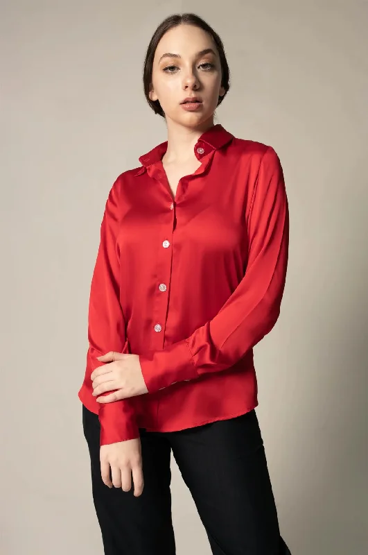Luxe Silk Blouse in Red Asymmetric Hem Blouse