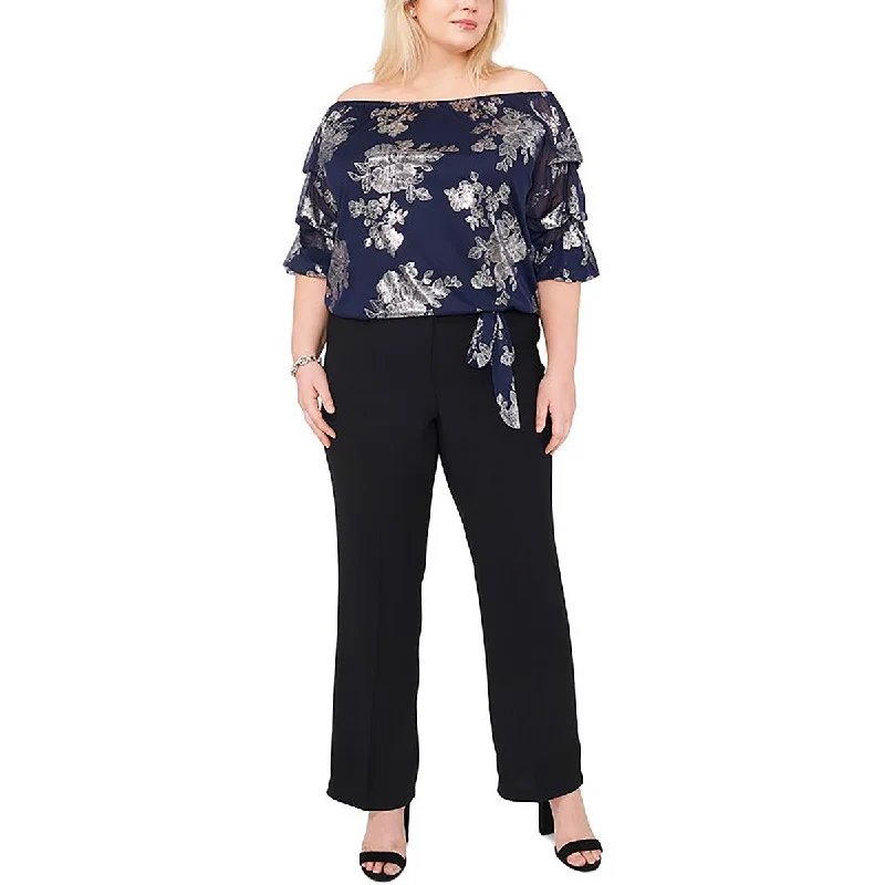 Womens Metallic Floral Print Blouse Wrap Front Blouse