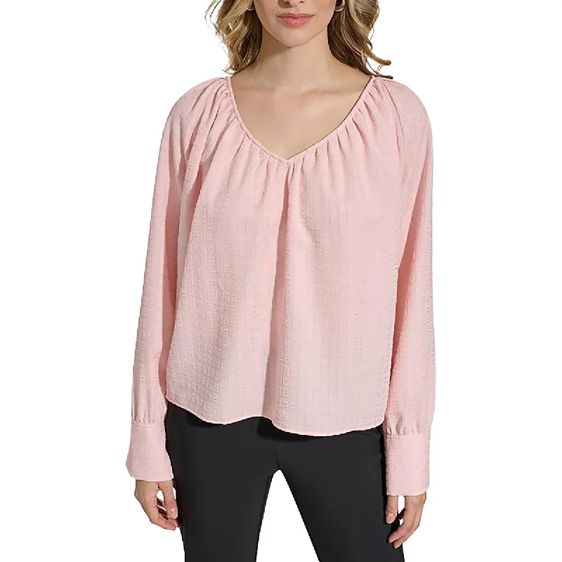 Womens V Neck Bishop Sleeve Blouse Lightweight Linen Blouse