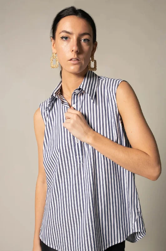 The Olivia Sleeveless Blue Stripe Blouse in Italian Cotton Delicate Pleat Blouse