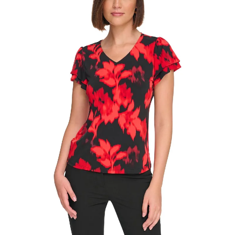 Petites Womens V Neck Printed Blouse Frilled Cuff Blouse