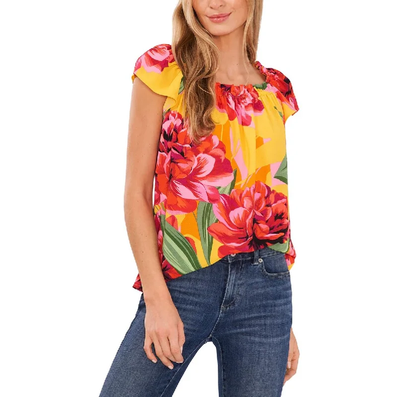 Womens Ruffled-Neckline Ruffle Sleeves Blouse Casual Relaxed Blouse