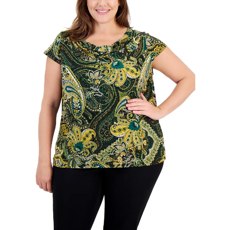 Plus Womens Cowl Neck Cap Sleeve Blouse Silky Draped Blouse