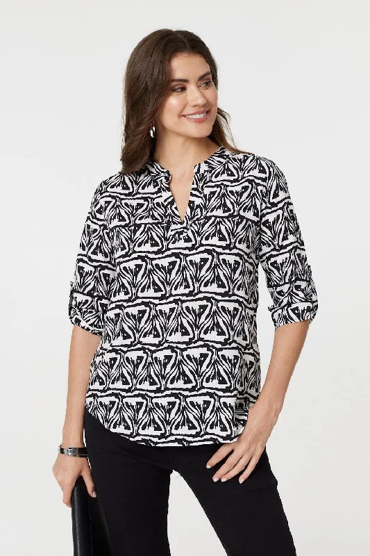 Printed Collarless V-Neck 3/4 Blouse Backless Summer Blouse