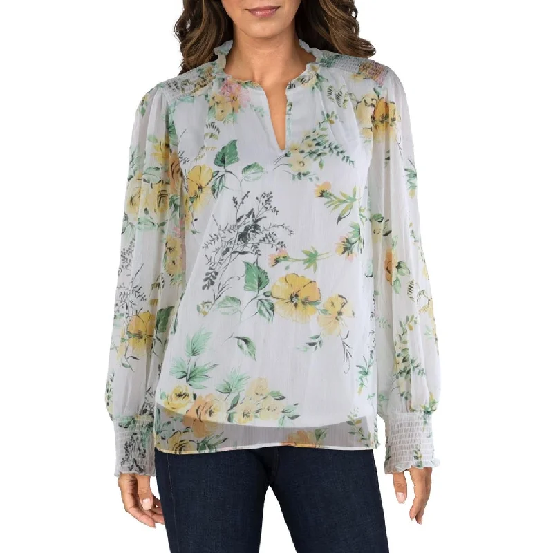 Womens Floral Print Split Neck Blouse Stylish Wrap Blouse