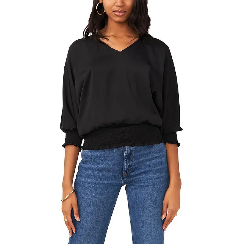 Womens V Neck Bishop Sleeve Blouse Relaxed Fit Blouse