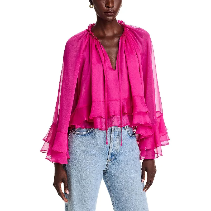 Womens Ruffled V Neck Blouse Boho Printed Blouse