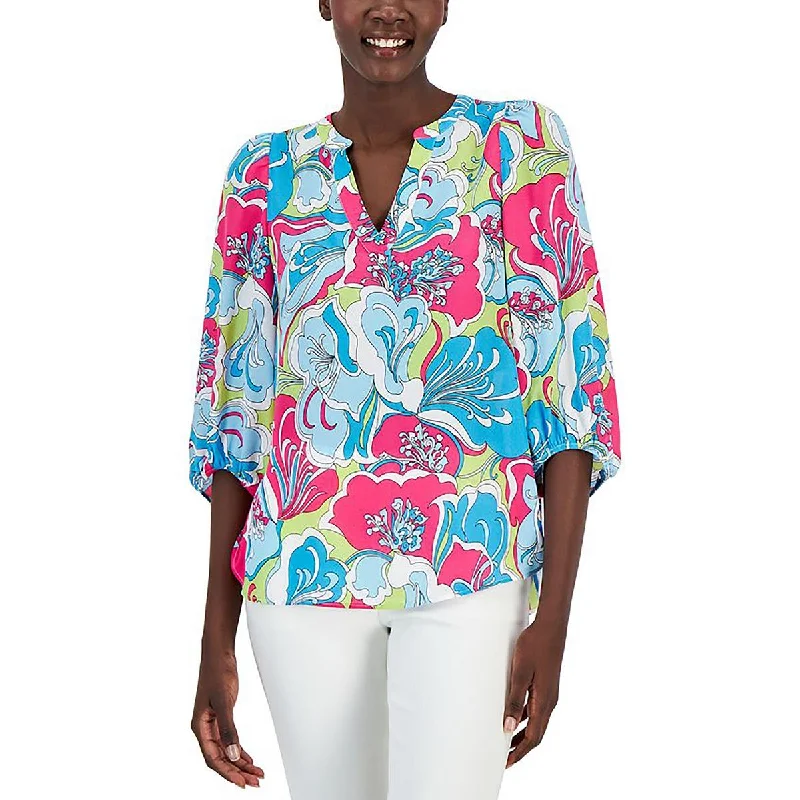 Womens Split Neck Hi Low Blouse Asymmetric Hem Blouse