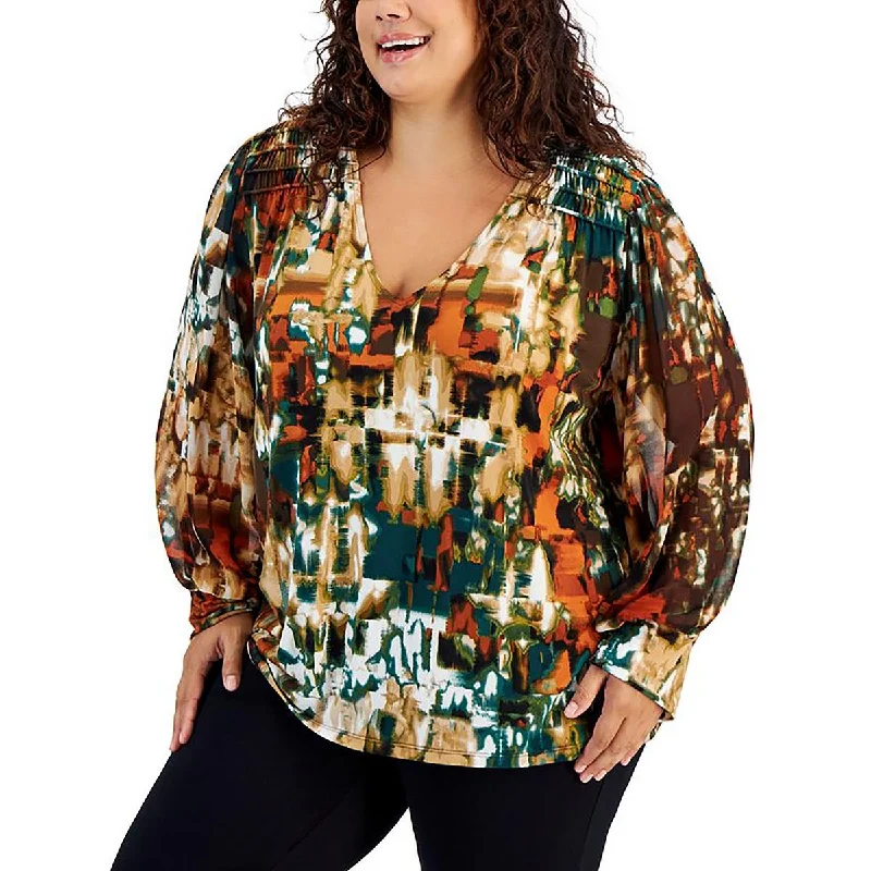 Plus Womens Smocked Chiffon Blouse Double-Layered Blouse