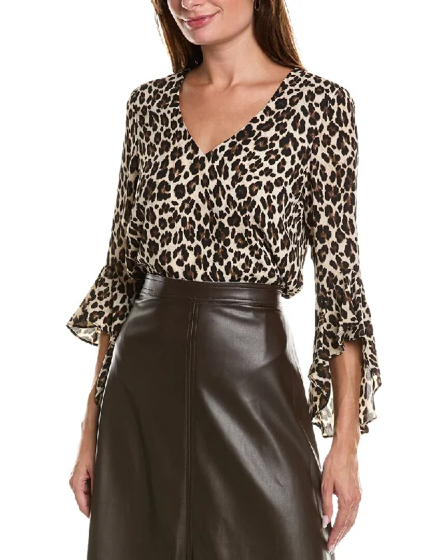 Vince Camuto V-Neck Flutter Sleeve Elegant Leopard Blouse Satin Long Blouse