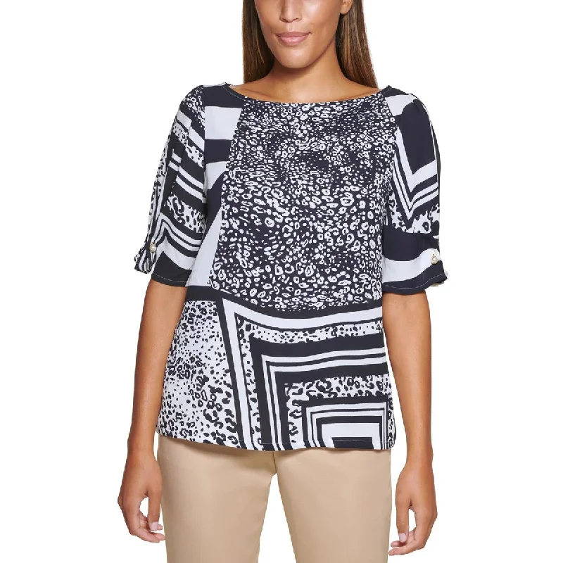 Petites Womens Printed Embellished Blouse Flowy Bohemian Blouse