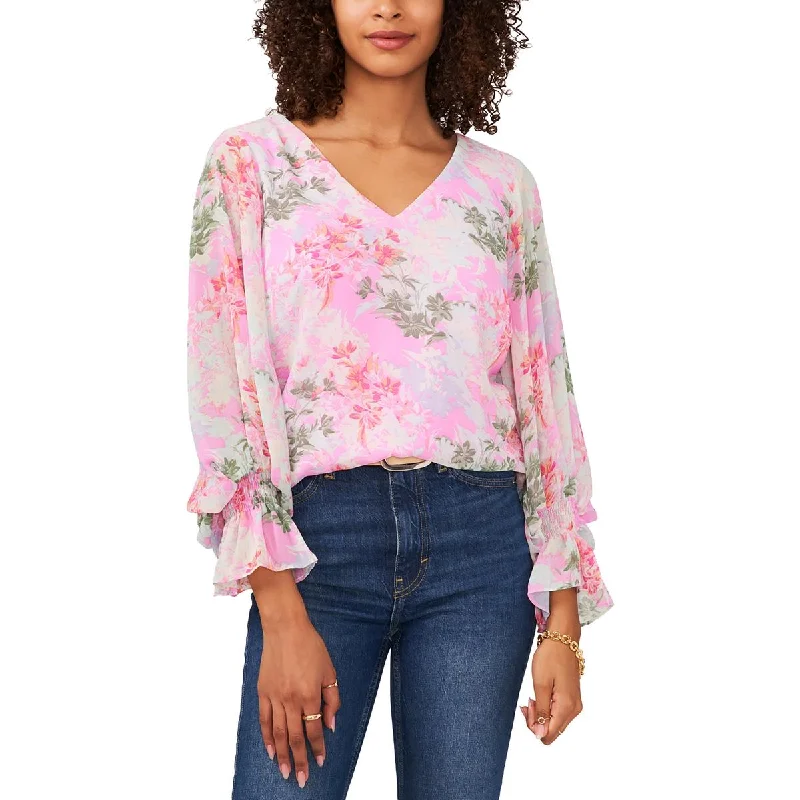 Womens Floral Print Bishop Sleeve Blouse Casual Relaxed Fit Blouse