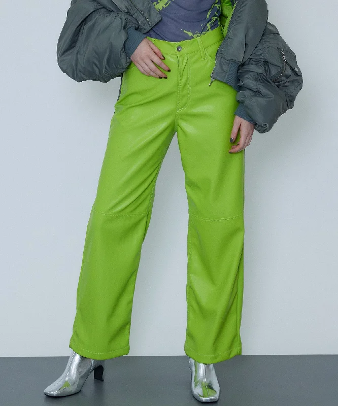 【SALE】Vegan Leather Wide Straight Pants Formal Dress Pants