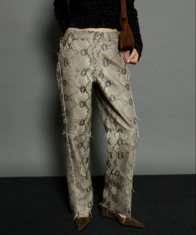 【SALE】Vegan Leather Python Cut Off Pants Casual Skinny Fit Pants