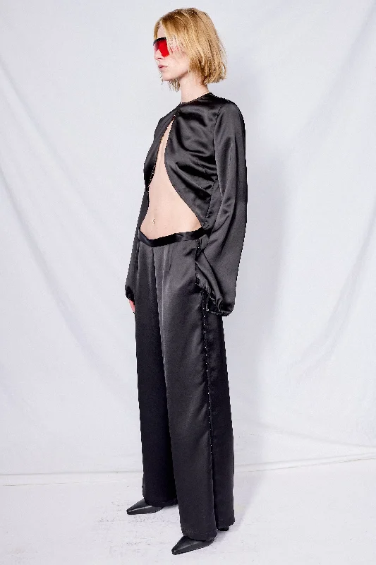 Black Satin Hook Side Clean Pant Wide-Legged Palazzos