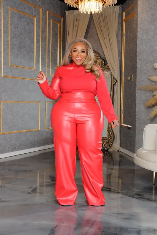 Red Faux Leather Palazzo Pant Comfortable Jogger Trousers