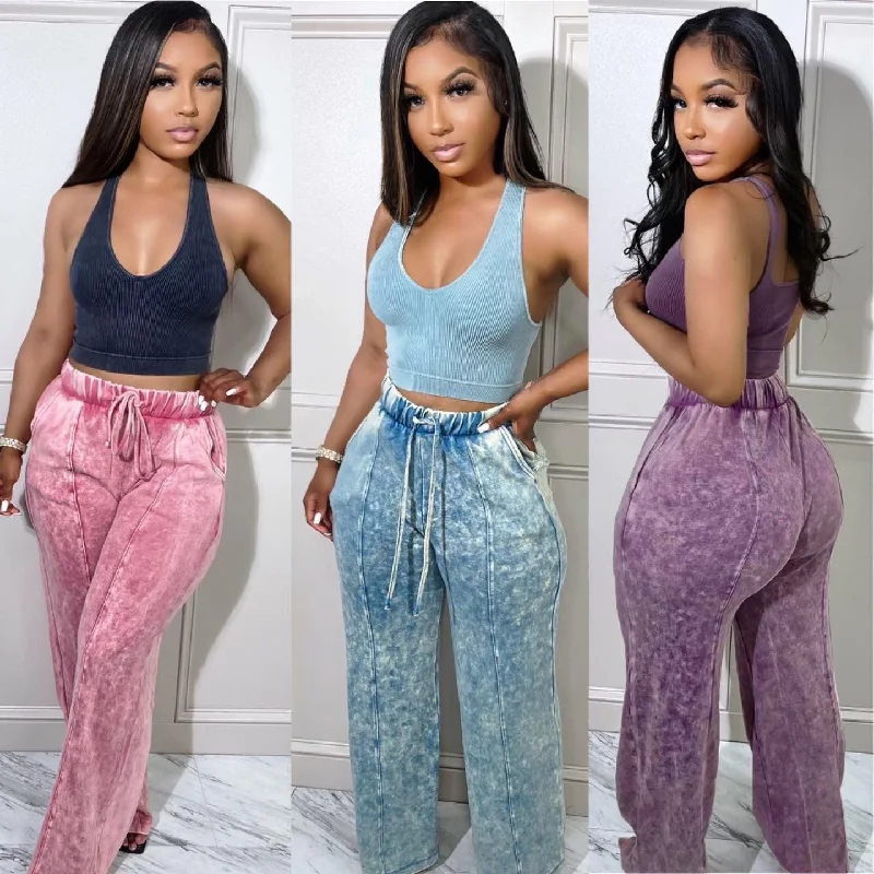 Printed Elastic High Waist Pocket Casual Wide Leg Pants (CL10786) Formal Stretch Pants