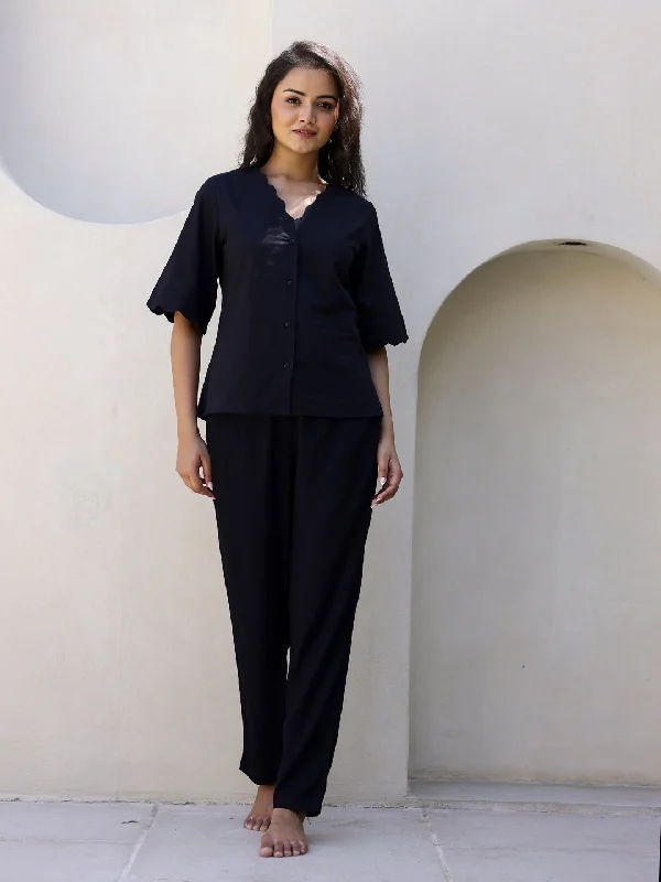 Black Cotton Night Suit with Pant Wide-Legged Palazzos