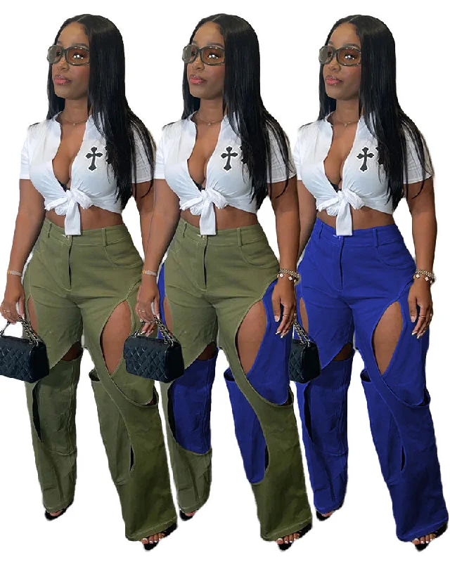 Contrasting Color Thread Stitching Hollow-out Design Casual Pants (CL11845) Elegant High-Waist Pants Contrasting Color Thread Stitching Hollow-out Design Casual Pants (CL11845) Elegant High-Waist Pants