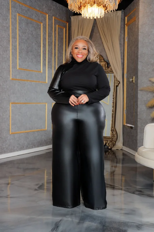 Black Faux Leather Palazzo Pant Cozy Jogger Leggings