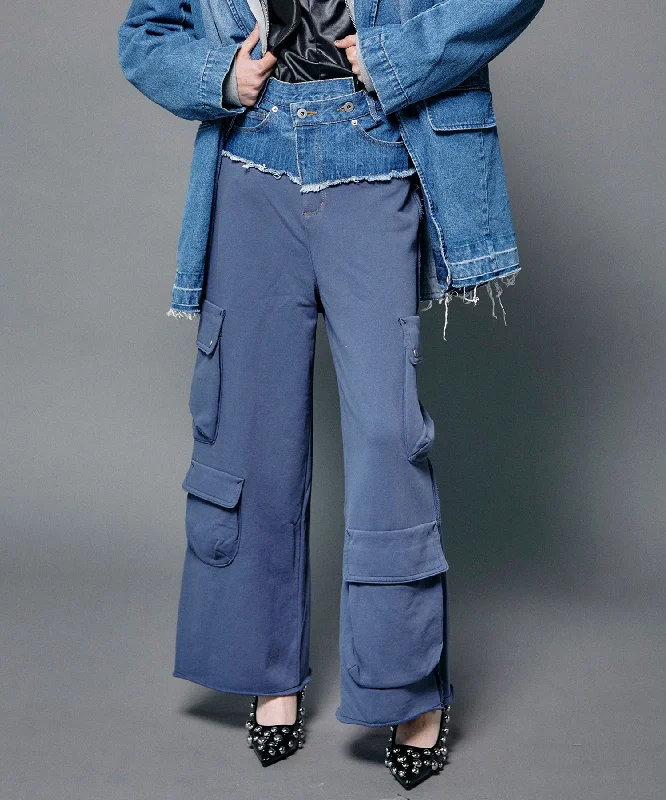 【SALE】Cut Off Denim Layered Sweat Pants Soft Cotton Pants